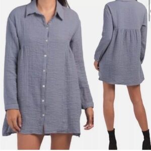 ZARA Crinkle Cotton Beach A-Line Grey/Blue Button Down Tunic/Mini Shirt Dress XS